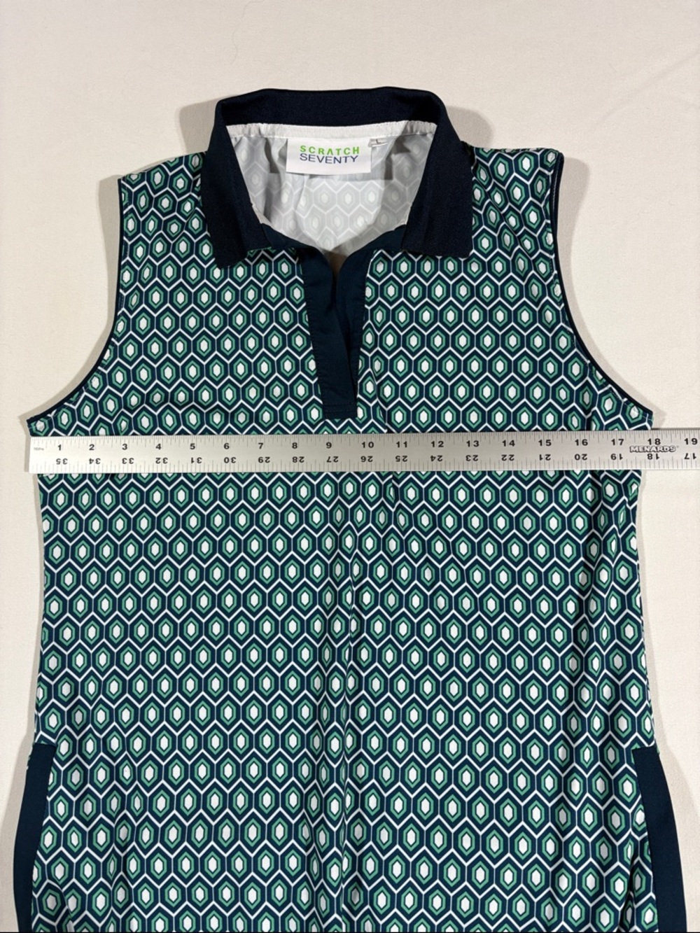 Sleeveless Teal Geometric Short Skirt Dress with Navy Trim size Large NNT - Picture 9 of 15